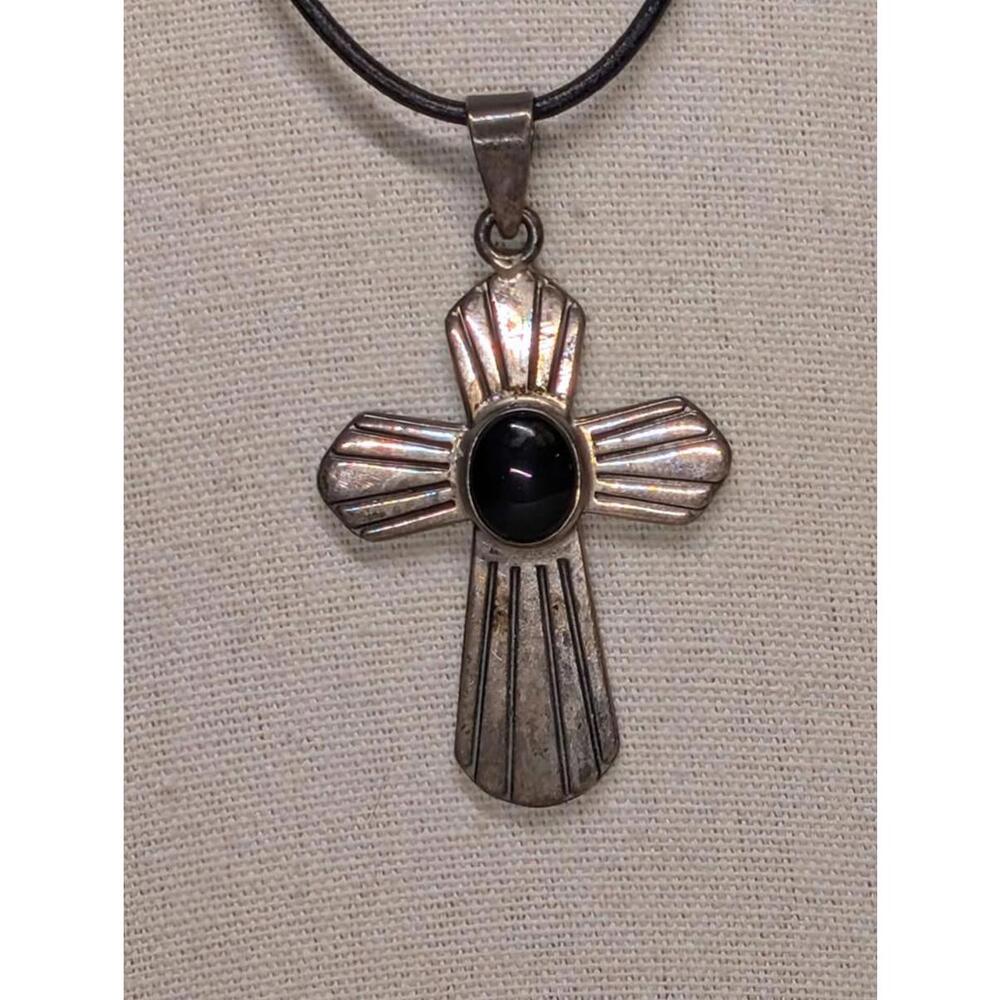 Sterling Silver Onyx Cross Pendant on a Black Cord